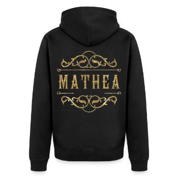Mathea gold - Unisex Premium Bio Zip Hoodie - Schwarz - Hinten - Nico (187cm)
