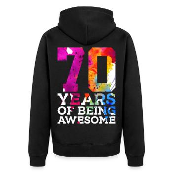 70 YEARS OF BEING AWESOME 70. GEBURTSTAG - Unisex Premium Bio Zip Hoodie - Schwarz - Hinten - Nico (187cm)
