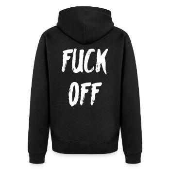 Fuck Off Provokante Botschaft - Unisex Premium Bio Zip Hoodie - Schwarz - Hinten - Nico (187cm)