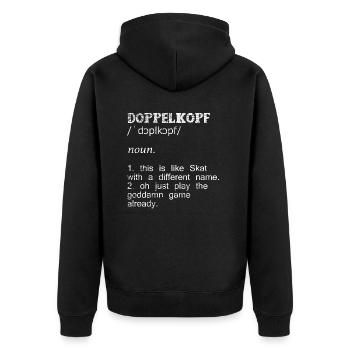 Gewiefter Doppelkopf Kartenabend - Unisex Premium Bio Zip Hoodie - Schwarz - Hinten - Nico (187cm)