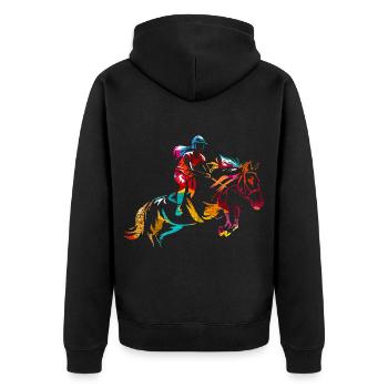Flinker Springreiter Turnierparcours - Unisex Premium Bio Zip Hoodie - Schwarz - Hinten - Nico (187cm)