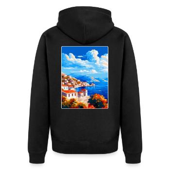 Hydra Griechenland Vintage Reiseposter WPA Souvenir - Unisex Premium Bio Zip Hoodie - Schwarz - Hinten - Nico (187cm)