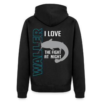 Waller fischen Nachtangeln Angler und Anglerin - Unisex Premium Bio Zip Hoodie - Schwarz - Hinten - Nico (187cm)