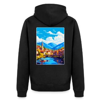 Sarajevo Bosnien Herzegowina Vintage Reiseposter - Unisex Premium Bio Zip Hoodie - Schwarz - Hinten - Nico (187cm)