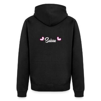 SCHWEIZ. LAND. GENF. HUMOR. FLAGGE - Unisex Premium Bio Zip Hoodie - Schwarz - Hinten - Nico (187cm)