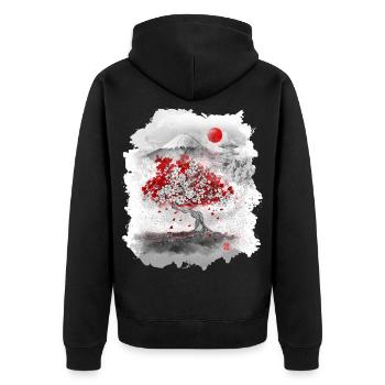 Mount Fuji hinter einem Kirschbaum - Unisex Premium Bio Zip Hoodie - Schwarz - Hinten - Nico (187cm)