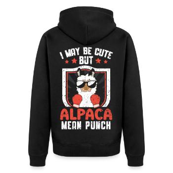 Ich mag niedlich sein, aber Alpaka bedeutet Kasper - Unisex Premium Bio Zip Hoodie - Schwarz - Hinten - Nico (187cm)