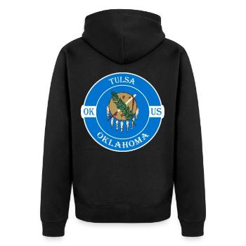 Tulsa Oklahoma Flagge USA Reise Souvenir Abzeichen - Unisex Premium Bio Zip Hoodie - Schwarz - Hinten - Nico (187cm)