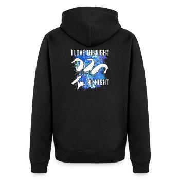 Waller Welssilhouette Angelrute und Farbkleckse - Unisex Premium Bio Zip Hoodie - Schwarz - Hinten - Nico (187cm)