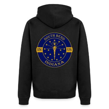 South Bend Indiana Flagge USA Reise Souvenir Abzeichen - Unisex Premium Bio Zip Hoodie - Schwarz - Hinten - Nico (187cm)