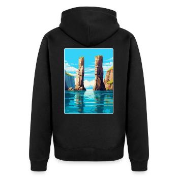 Stack Rocks Pembrokeshire Vintage Reiseposter - Unisex Premium Bio Zip Hoodie - Schwarz - Hinten - Nico (187cm)