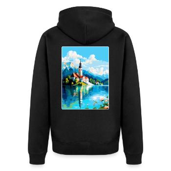 Lac de Bled, Slovénie, Affiche de voyage vintage, Souvenir - Veste à capuche bio Premium Unisexe - noir - Dos - Nico (187cm)