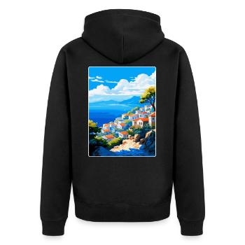 Hydra Griechenland Vintage Reiseposter WPA Souvenir - Unisex Premium Bio Zip Hoodie - Schwarz - Hinten - Nico (187cm)