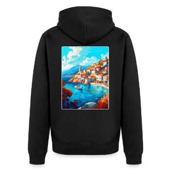 Hydra Griechenland Vintage Reiseposter WPA Souvenir - Unisex Premium Bio Zip Hoodie - Schwarz - Hinten - Nico (187cm)