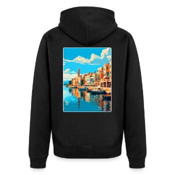 Rethymno Griechenland Vintage Reiseplakat Souvenir WPA - Unisex Premium Bio Zip Hoodie - Schwarz - Hinten - Nico (187cm)