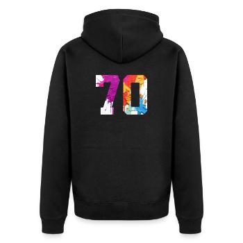FARBIG NUMMER 70 BUNT 70. GEBURTSTAG - Unisex Premium Bio Zip Hoodie - Schwarz - Hinten - Nico (187cm)