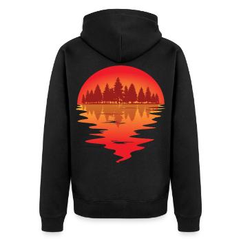 Sonnenuntergang am Waldsee - Unisex Premium Bio Zip Hoodie - Schwarz - Hinten - Nico (187cm)