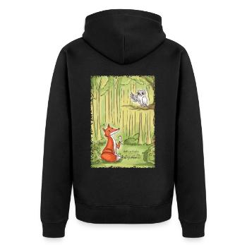 Waldgespräch: Fuchs und Eule - Unisex Premium Bio Zip Hoodie - Schwarz - Hinten - Nico (187cm)