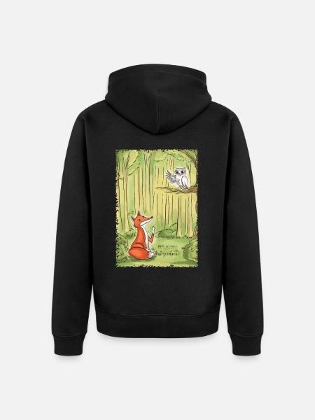 Waldgespräch: Fuchs und Eule - Unisex Premium Bio Zip Hoodie - Schwarz
