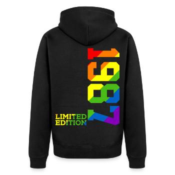 FIERTÉ QUEER IREN-CIEL 39E ANNIVERSAIRE DE L’ENVERGURE LGBTQ 1987 - Veste à capuche bio Premium Unisexe - noir - Dos - Nico (187cm)