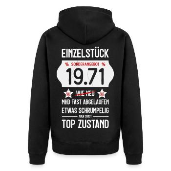 55. GEBURTSTAG 1971 EINZELSTÜCK PREISSCHILD - Unisex Premium Bio Zip Hoodie - Schwarz - Hinten - Nico (187cm)