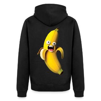 Ausdrucksvolle Banana-Figur mit Miene - Unisex Premium Bio Zip Hoodie - Schwarz - Hinten - Nico (187cm)