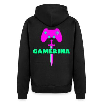 GAMERINA Neon Sword Logo - Unisex Premium Bio Zip Hoodie - Schwarz - Hinten - Nico (187cm)