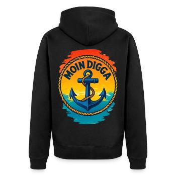 Moin Digga Hamburg Anker - Unisex Premium Bio Zip Hoodie - Schwarz - Hinten - Nico (187cm)
