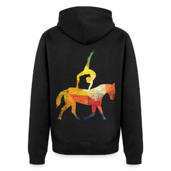 Schwindelfreie Voltigierkunst Turnier - Unisex Premium Bio Zip Hoodie - Schwarz - Hinten - Nico (187cm)