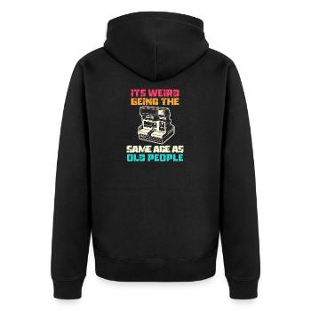 Jahrgang | Klassisch | Klassisch | Alt - Unisex Premium Bio Zip Hoodie - Schwarz - Hinten - Nico (187cm)
