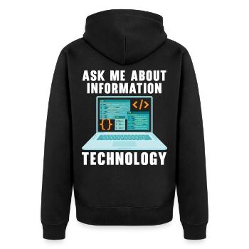Ask Me About Information Technology Tech Support - Unisex Premium Bio Zip Hoodie - Schwarz - Hinten - Nico (187cm)