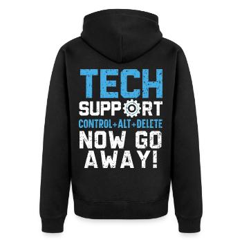 Tech Support Was haben Sie jetzt kaputt gemacht? - Unisex Premium Bio Zip Hoodie - Schwarz - Hinten - Nico (187cm)