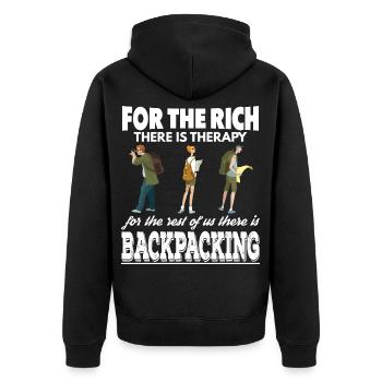 Reiche haben Therapie Wir sind Backpacker - Unisex Premium Bio Zip Hoodie - Schwarz - Hinten - Nico (187cm)
