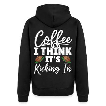 Kaffee, ich glaube, er fängt an zu wirken Tarsierf - Unisex Premium Bio Zip Hoodie - Schwarz - Hinten - Nico (187cm)