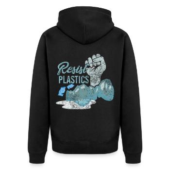 Resist Plastics Zero Waste Plastikfrei Plastik Spr - Unisex Premium Bio Zip Hoodie - Schwarz - Hinten - Nico (187cm)