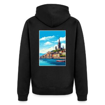 Santiago De Compostela Spanien Vintage Reiseposter - Unisex Premium Bio Zip Hoodie - Schwarz - Hinten - Nico (187cm)
