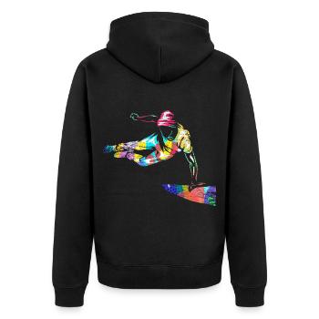Draufgängerischer Parkour Traceur - Unisex Premium Bio Zip Hoodie - Schwarz - Hinten - Nico (187cm)