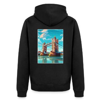 Tower Bridge England Vintage Reiseposter WPA Kunst - Unisex Premium Bio Zip Hoodie - Schwarz - Hinten - Nico (187cm)