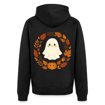 Cute Ghost im Herbstkranz – Cozy Halloween Design - Unisex Premium Bio Zip Hoodie - Schwarz - Hinten - Nico (187cm)