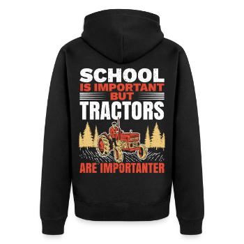 Schule ist wichtig, aber Traktoren sind noch wicht - Unisex Premium Bio Zip Hoodie - Schwarz - Hinten - Nico (187cm)