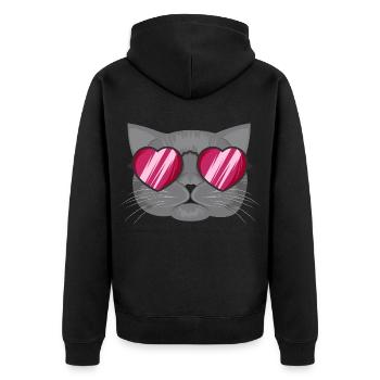 Graue Katze mit pinker Herzbrille - ohne Text - Unisex Premium Bio Zip Hoodie - Schwarz - Hinten - Nico (187cm)