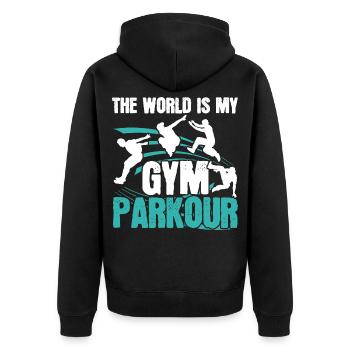 Die Welt ist mein Fitnessstudio Parkour Freies Lau - Unisex Premium Bio Zip Hoodie - Schwarz - Hinten - Nico (187cm)