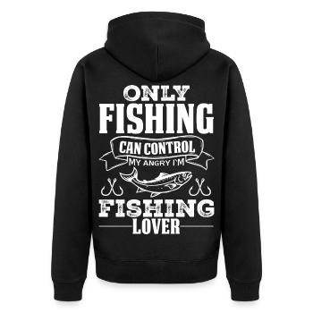 "Nur das Angeln kann meine Wut kontrollieren" - Unisex Premium Bio Zip Hoodie - Schwarz - Hinten - Nico (187cm)