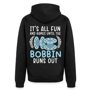 Es ist alles Spaß und Spiel, bis die Spule ausgeht - Unisex Premium Bio Zip Hoodie - Schwarz - Hinten - Nico (187cm)
