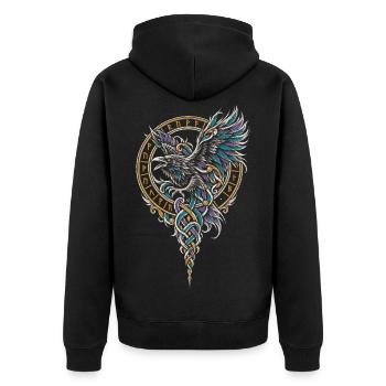 Der Rabe mit ausgebreiteten Schwingen im Runenring - Unisex Premium Bio Zip Hoodie - Schwarz - Hinten - Nico (187cm)