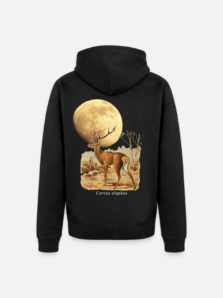 Hirsch und Mond: Cervus Elaphus - Unisex Premium Bio Zip Hoodie - Schwarz