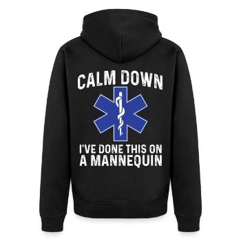 Beruhig dich, ich habe das schon an einer Schaufensterpuppe gemacht – EMS EMT - Unisex Premium Bio Zip Hoodie - Schwarz - Hinten - Nico (187cm)