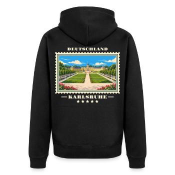 Deutschland Karlsruhe Vintage Reisemarke - Unisex Premium Bio Zip Hoodie - Schwarz - Hinten - Nico (187cm)