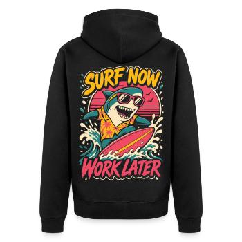 Surfender Hai – Surf Now Work Later - Unisex Premium Bio Zip Hoodie - Schwarz - Hinten - Nico (187cm)