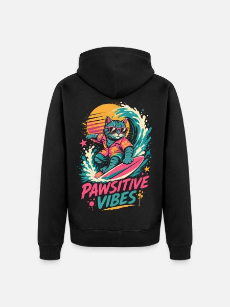Surfende Katze – Pawsitive Vibes - Unisex Premium Bio Zip Hoodie - Schwarz
